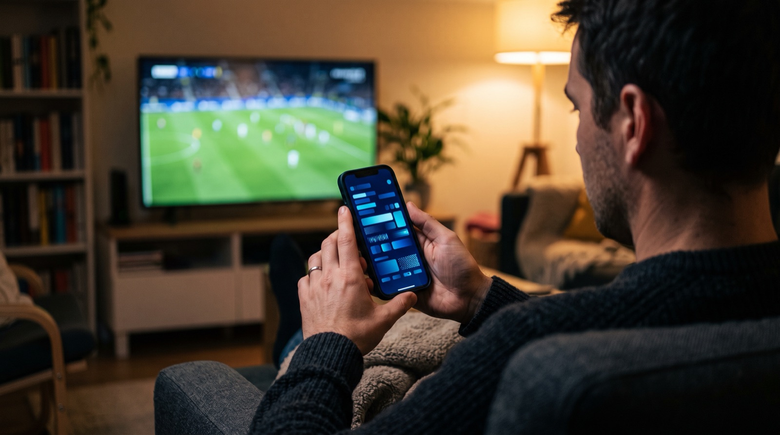 Aficionado revisando momios en el celular mientras ve un partido de futbol