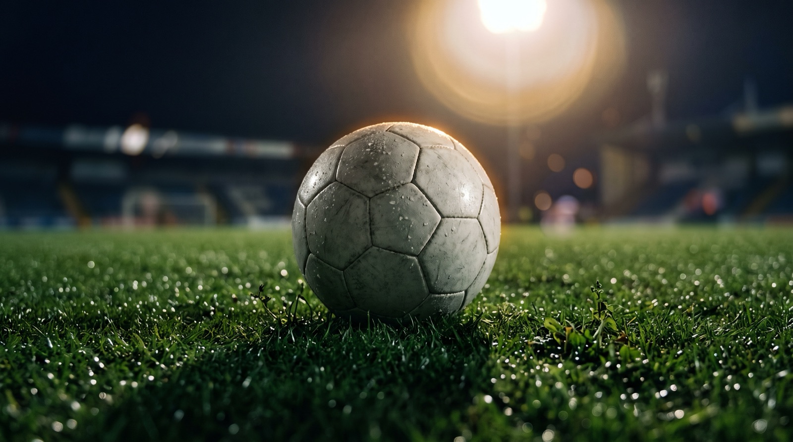 Balón de futbol sobre el pasto mojado bajo las luces del estadio