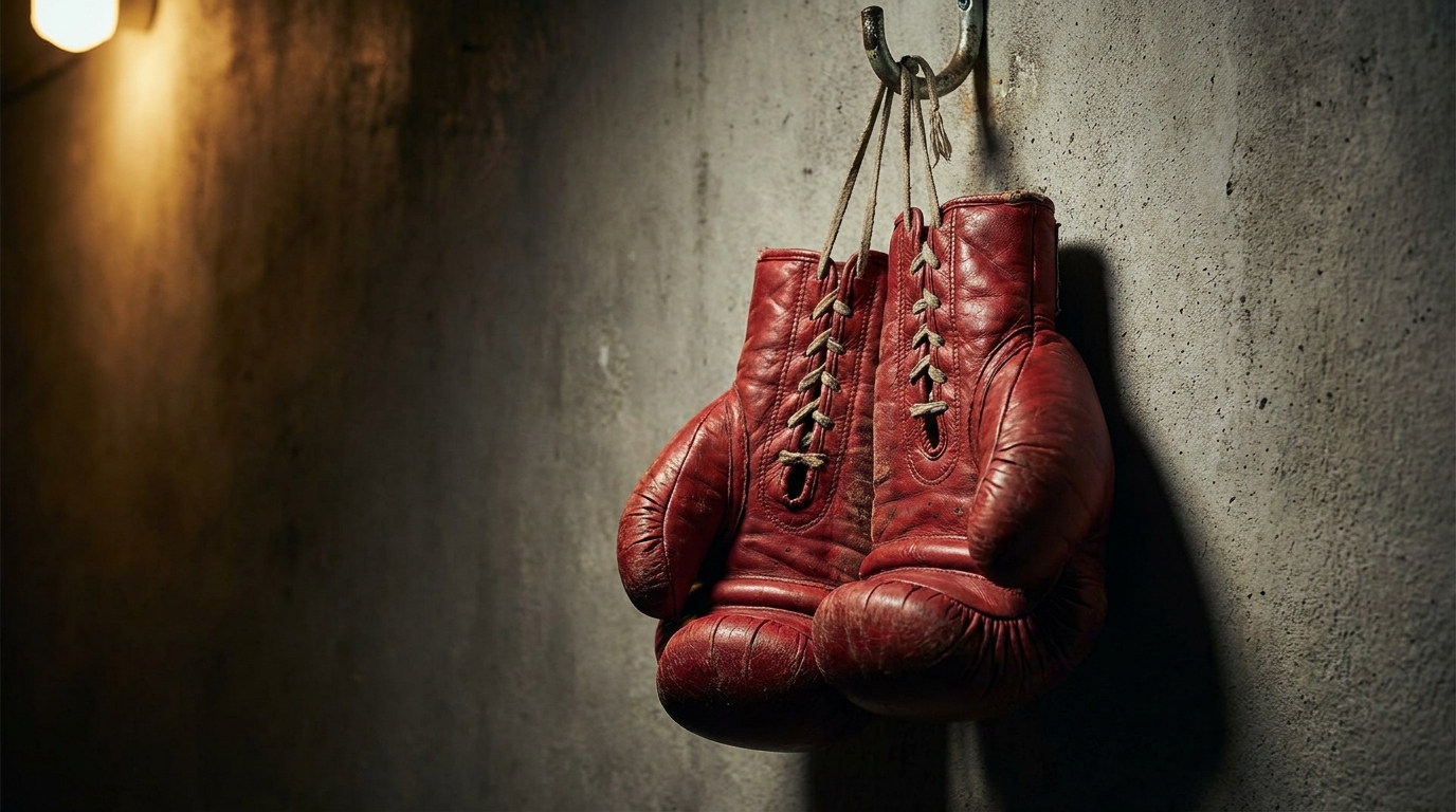Guantes de boxeo rojos colgados en la pared de un gimnasio