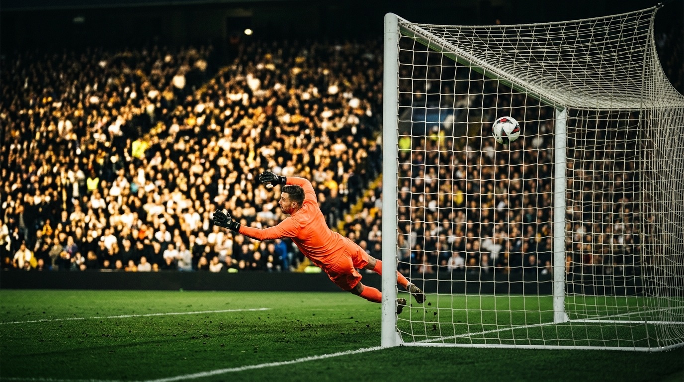 Portero volando en una tanda de penales bajo las luces de un estadio lleno