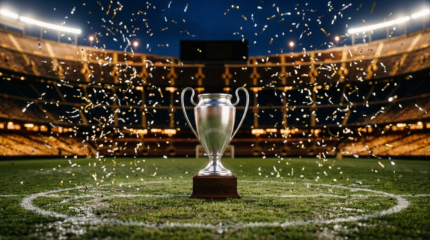 Trofeo de futbol plateado en el centro de un estadio iluminado con confeti cayendo