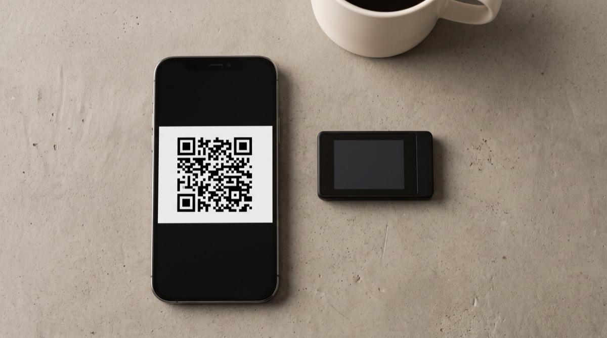 Código QR de la dirección de depósito que genera la casa de apuestas junto a una cartera física de criptomonedas