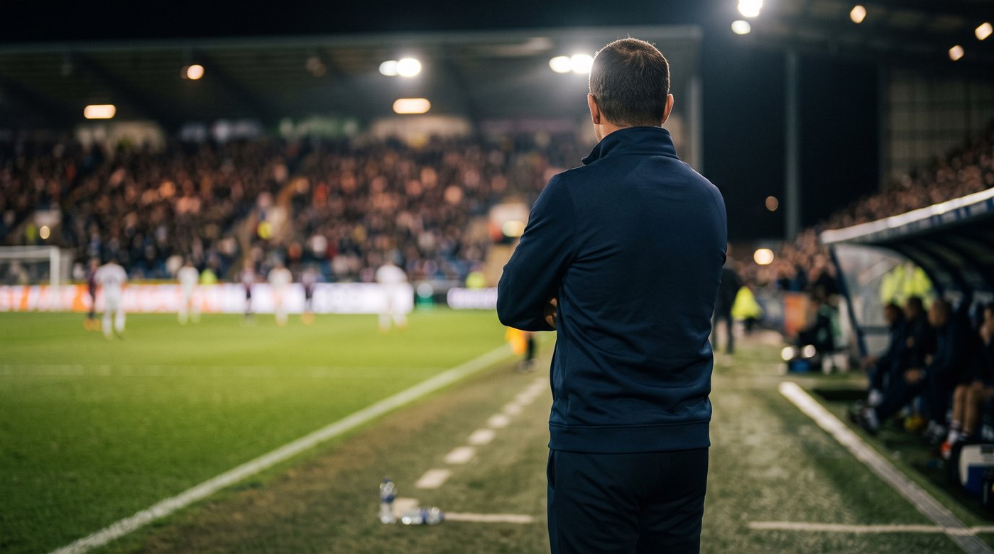 Entrenador de futbol de espaldas en la zona técnica durante un partido nocturno, mirando hacia la cancha iluminada