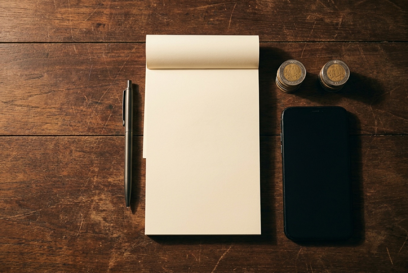 Libreta, pluma y celular sobre una mesa de madera