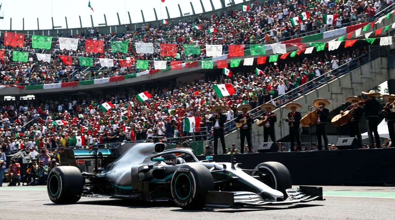Monoplaza de Fórmula 1 saliendo de la tribuna del autódromo de la Ciudad de México con banderas mexicanas