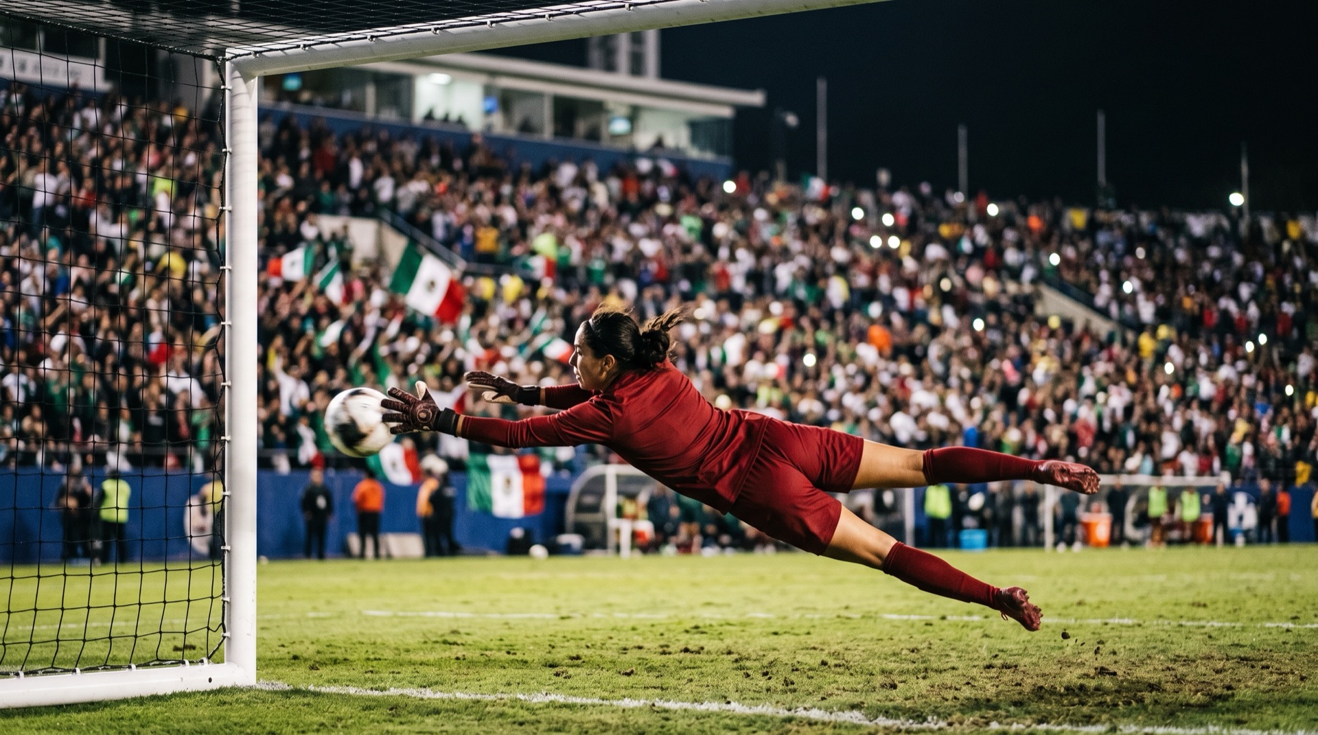 Portera de la Liga MX Femenil ataja un penal en un estadio de noche durante el Apertura 2026