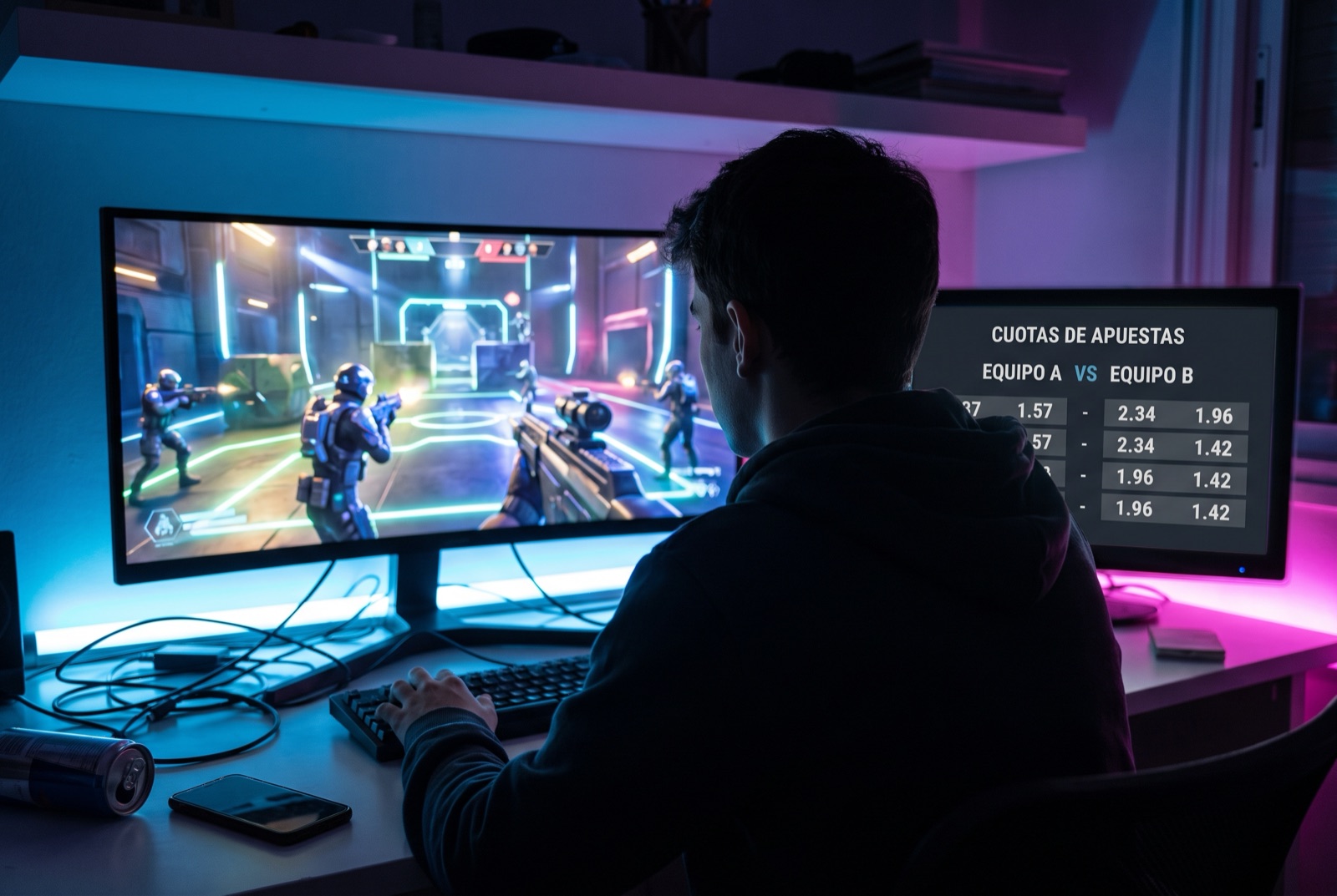 Partida de eSports en un monitor junto a una pantalla con cuotas de apuestas