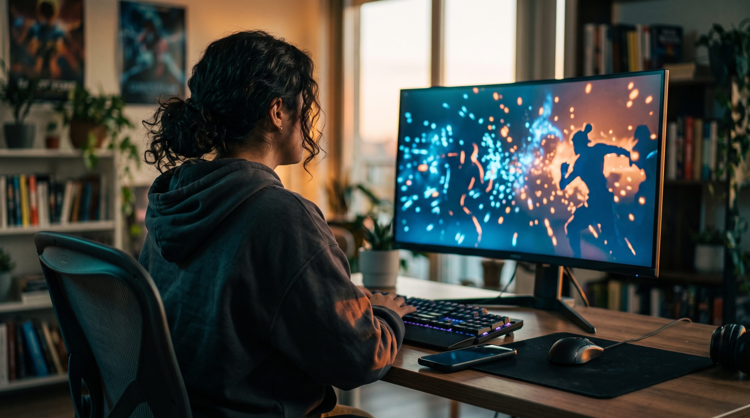 Persona joven frente a un monitor viendo una competencia de deportes electronicos en su departamento