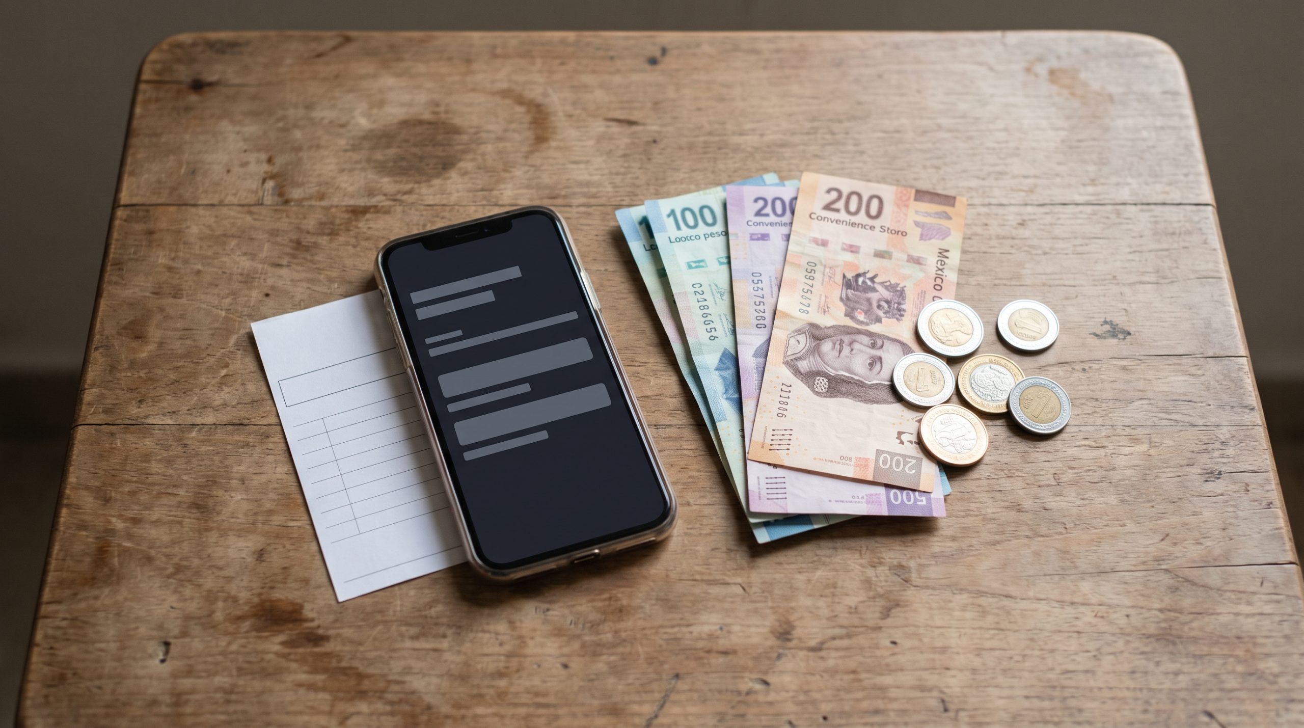 Celular con un boleto de apuesta junto a billetes de pesos mexicanos, monedas y un comprobante de pago en efectivo