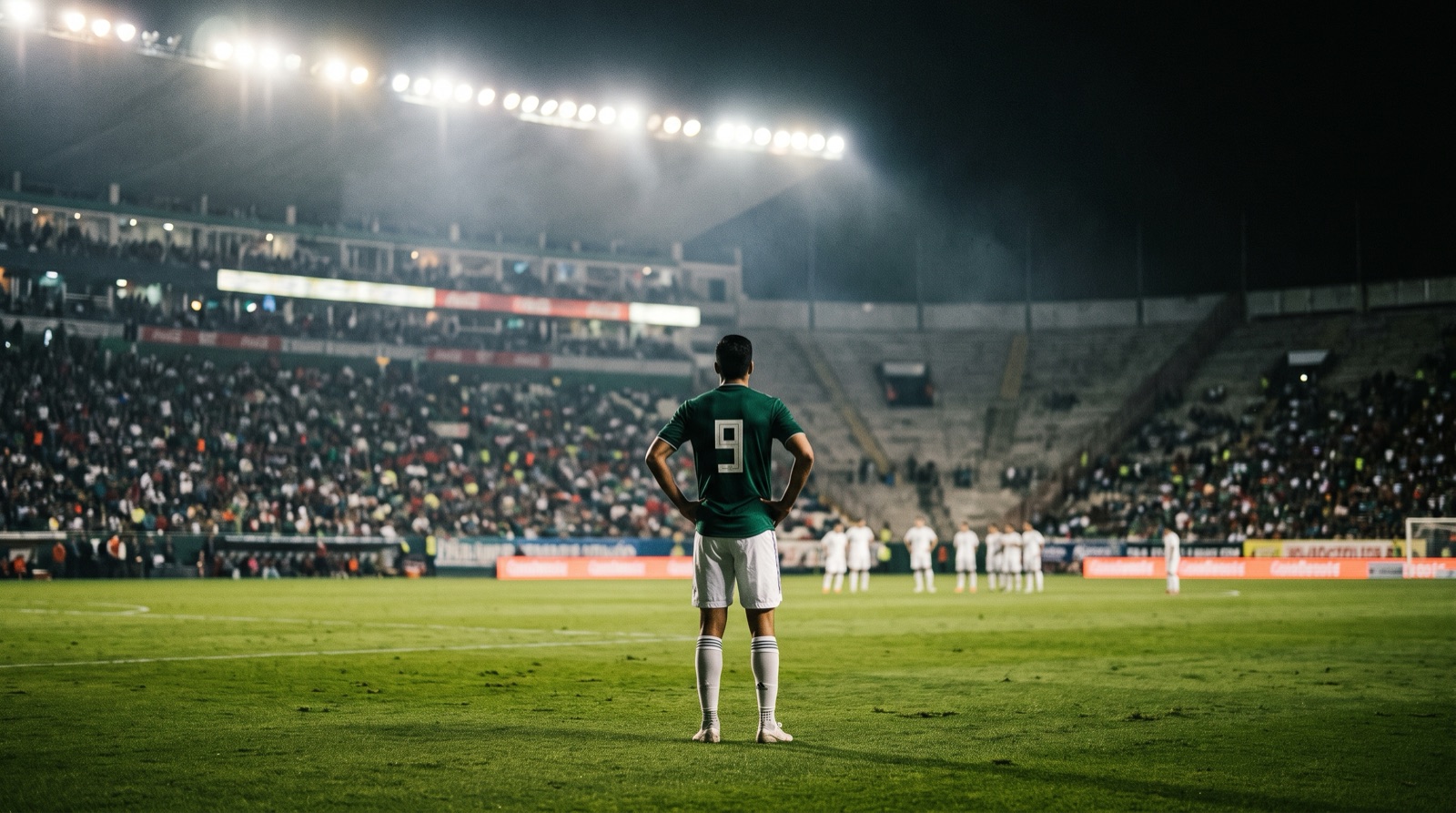 Delantero espera un centro solo en el area durante un partido nocturno