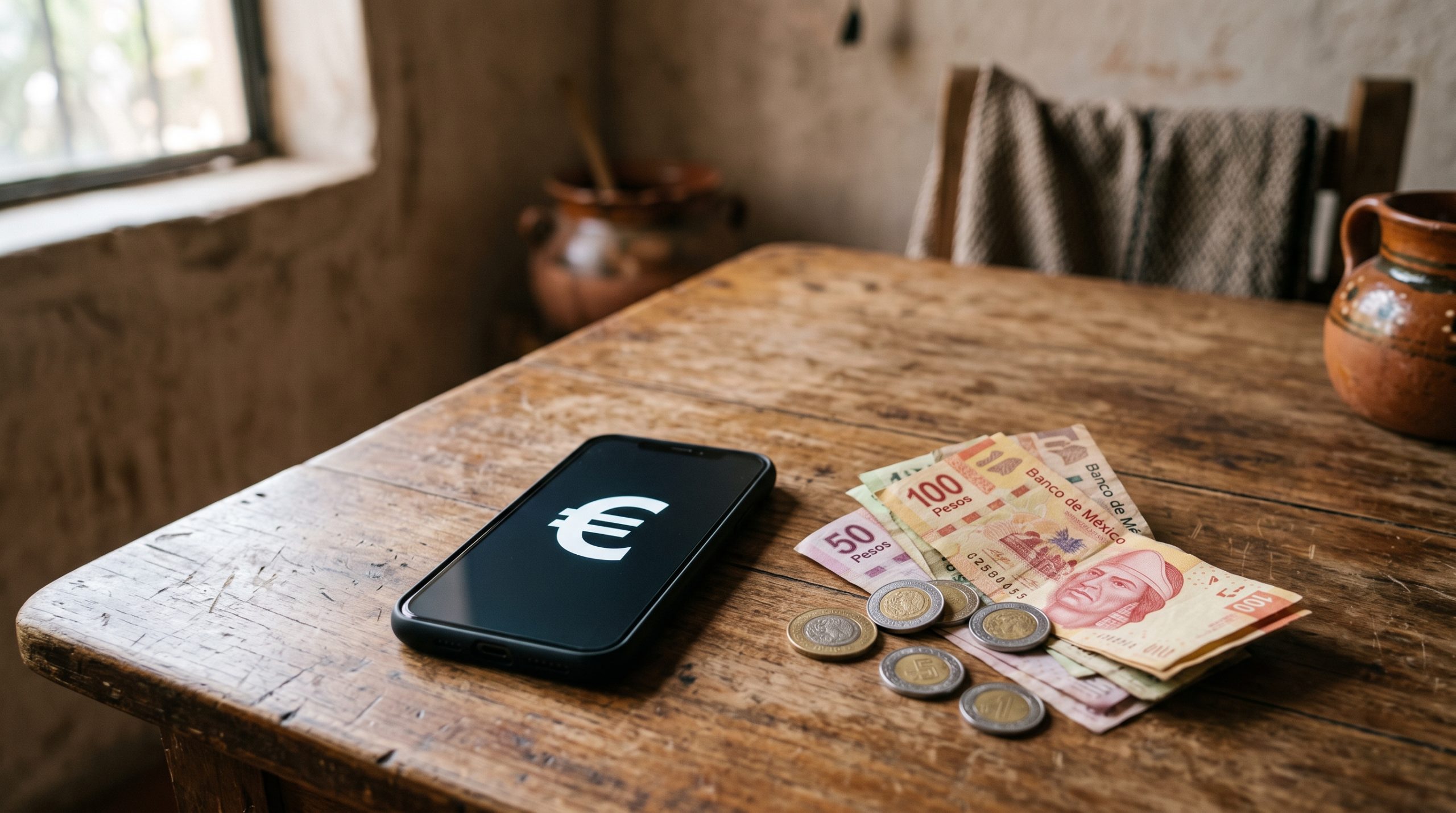 Una cuenta en euros y billetes en pesos mexicanos sobre una mesa