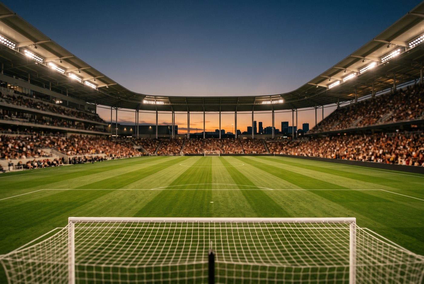 Estadio de futbol lleno al atardecer con la cancha vacía
