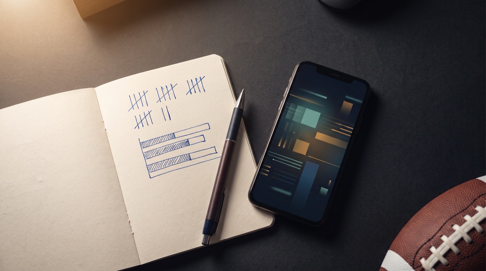 Libreta con estadísticas anotadas a mano junto a un celular con datos deportivos