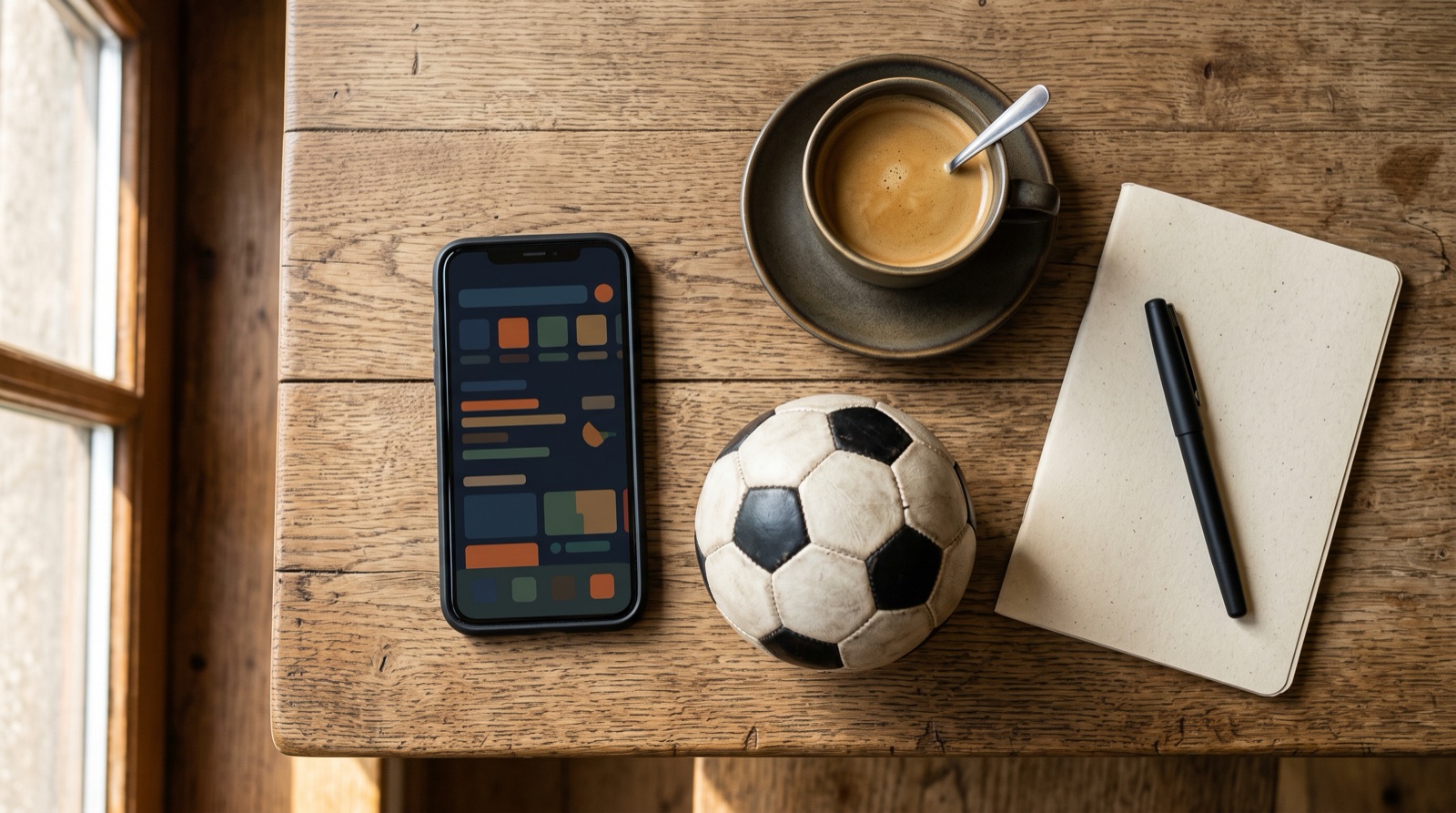 Celular, balón y libreta sobre una mesa para comparar cuotas de LaLiga