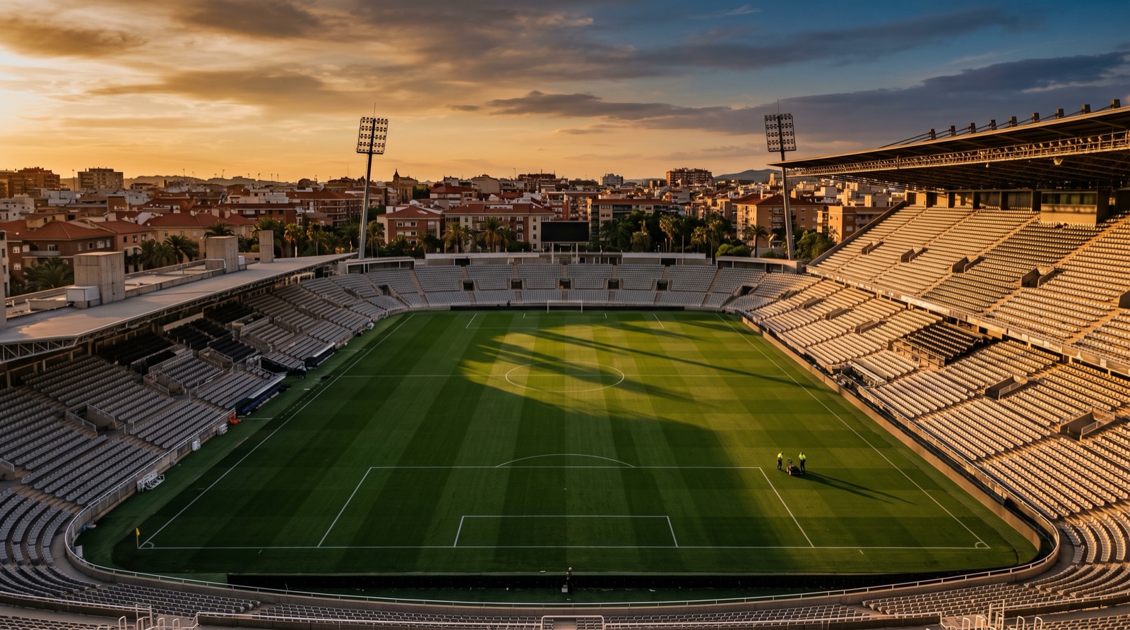 Estadio de futbol en España al atardecer antes de una jornada de LaLiga