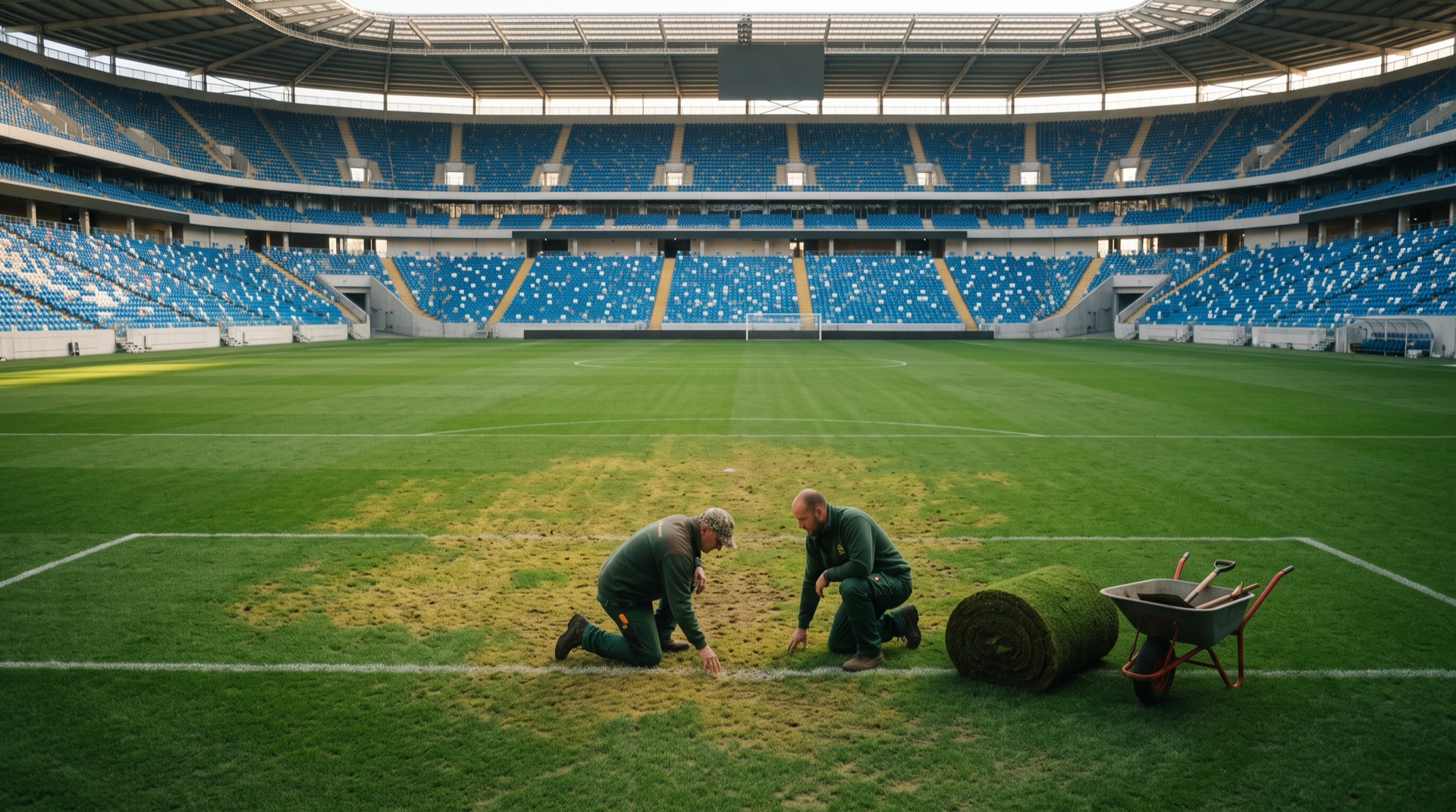 Operarios revisando una zona dañada del césped en un estadio vacío antes de un partido