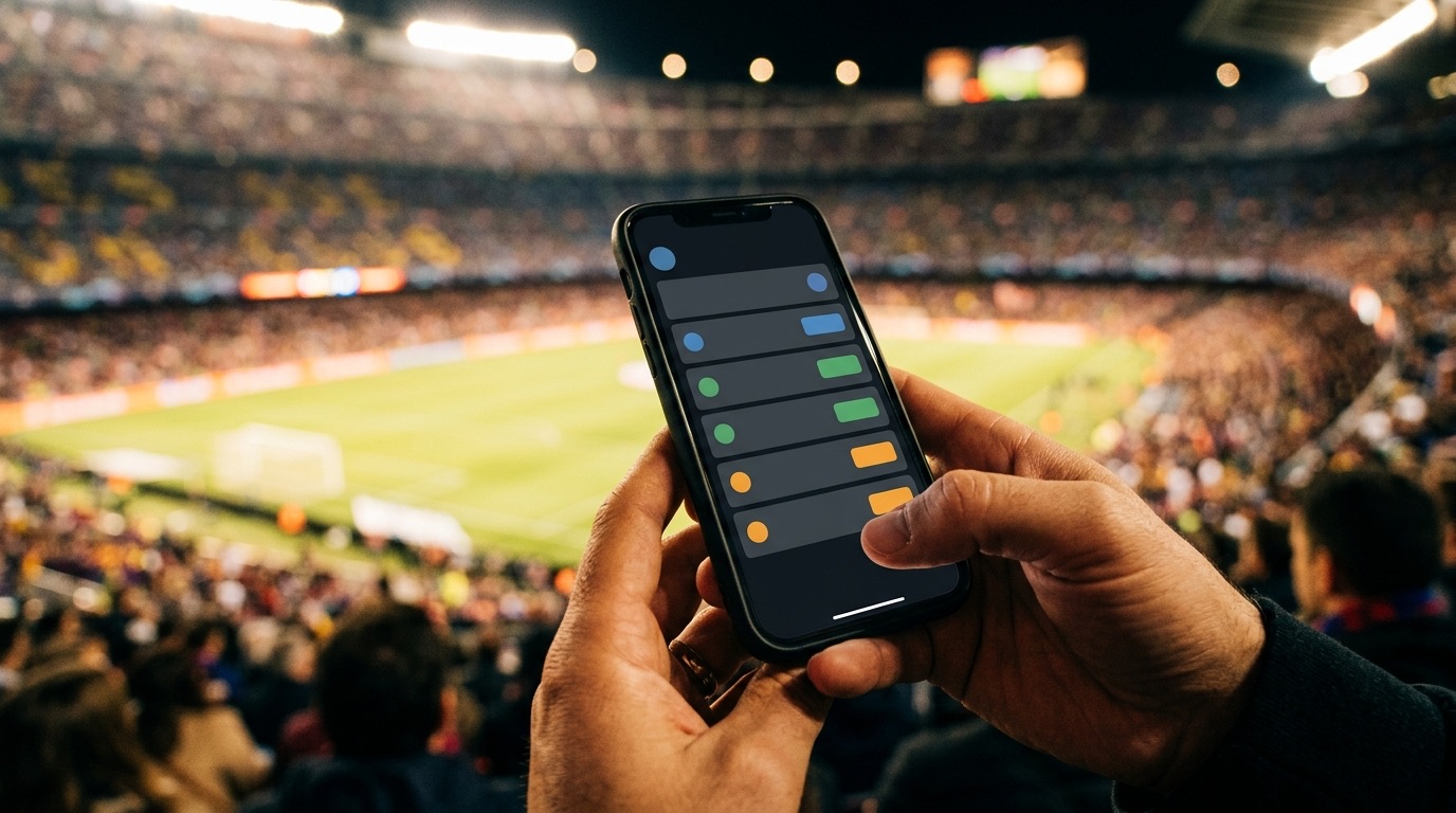 Aficionado consulta los mercados de apuestas en su celular dentro de un estadio de futbol