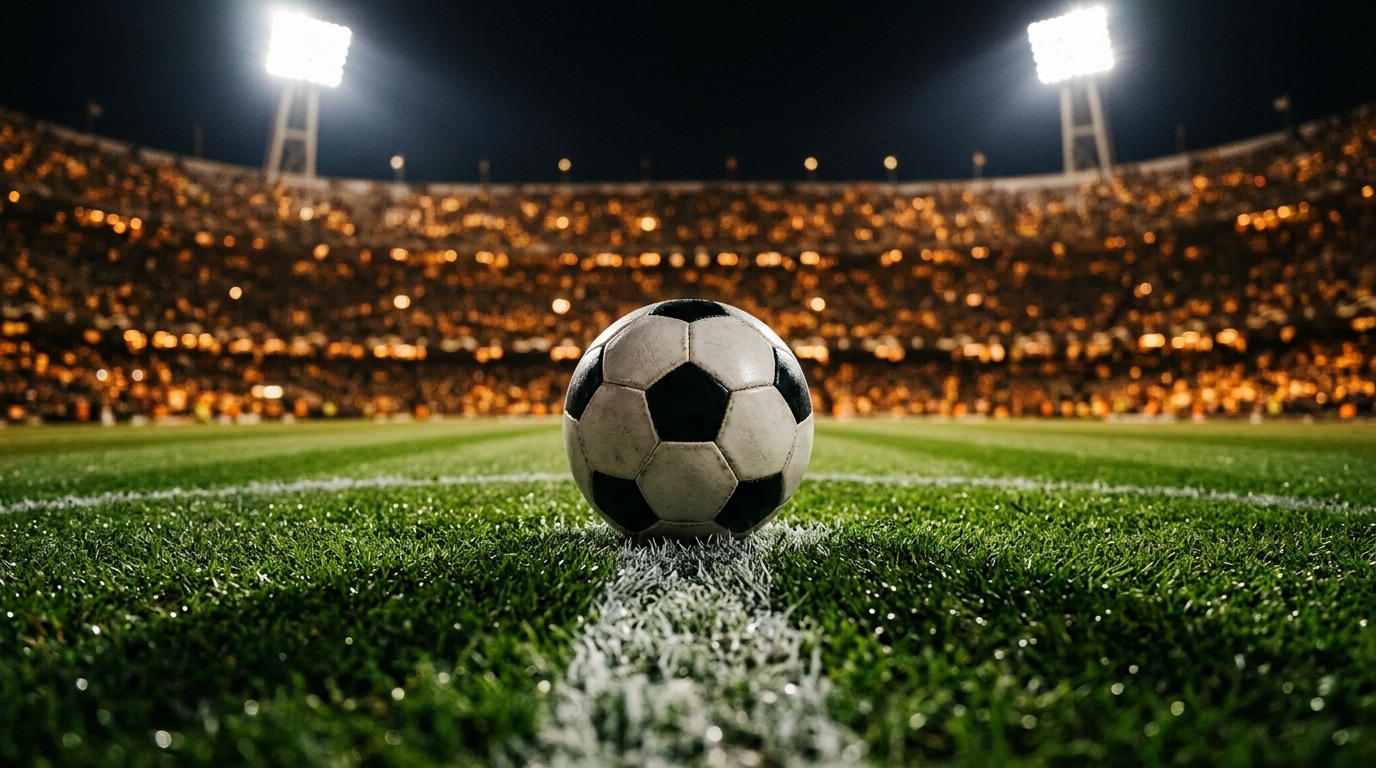 Balón sobre la línea del círculo central de una cancha iluminada por reflectores
