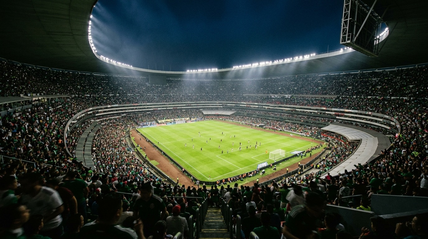 Estadio mexicano lleno durante un partido nocturno de liguilla de la Liga MX