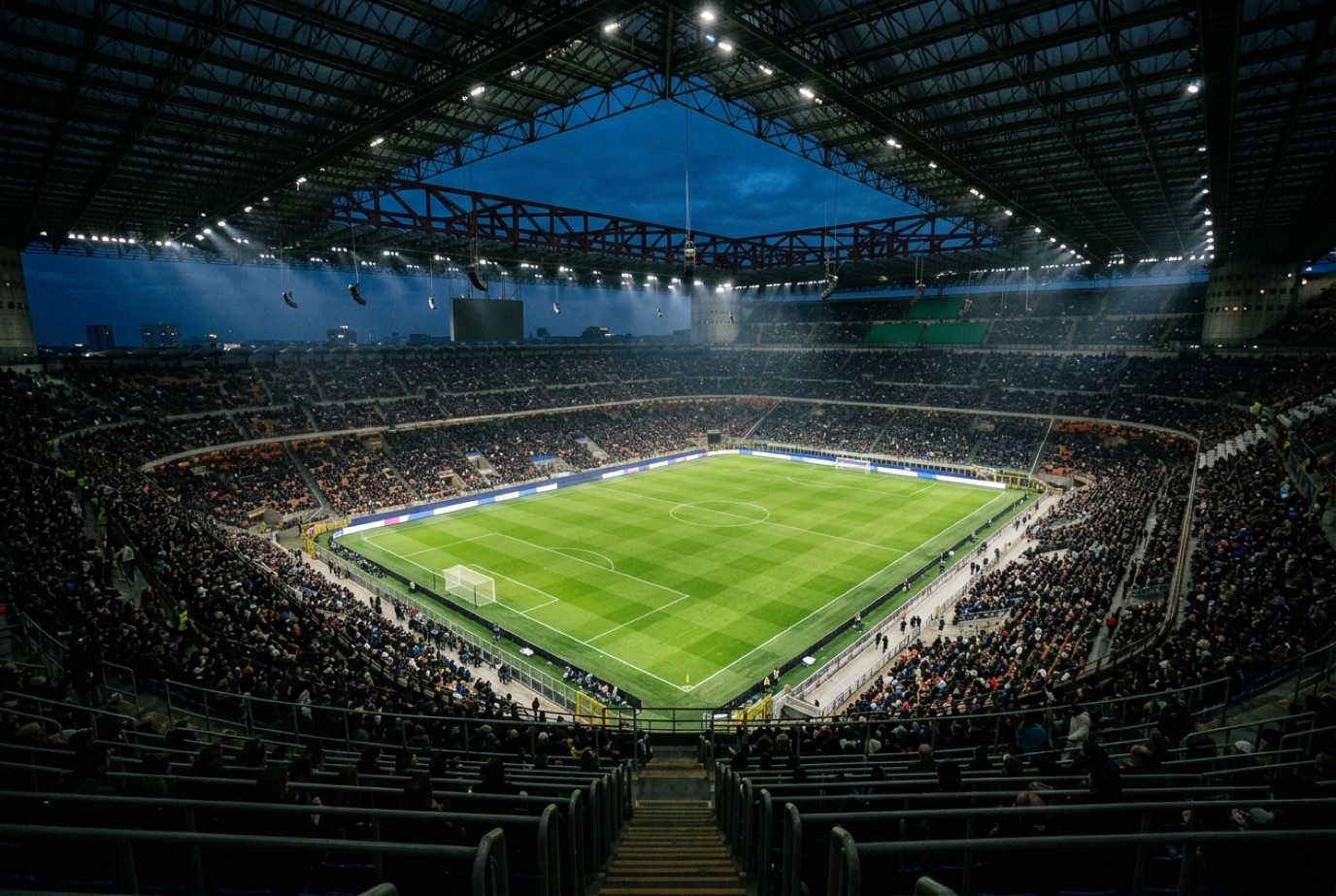 Estadio europeo iluminado durante una noche de Champions League