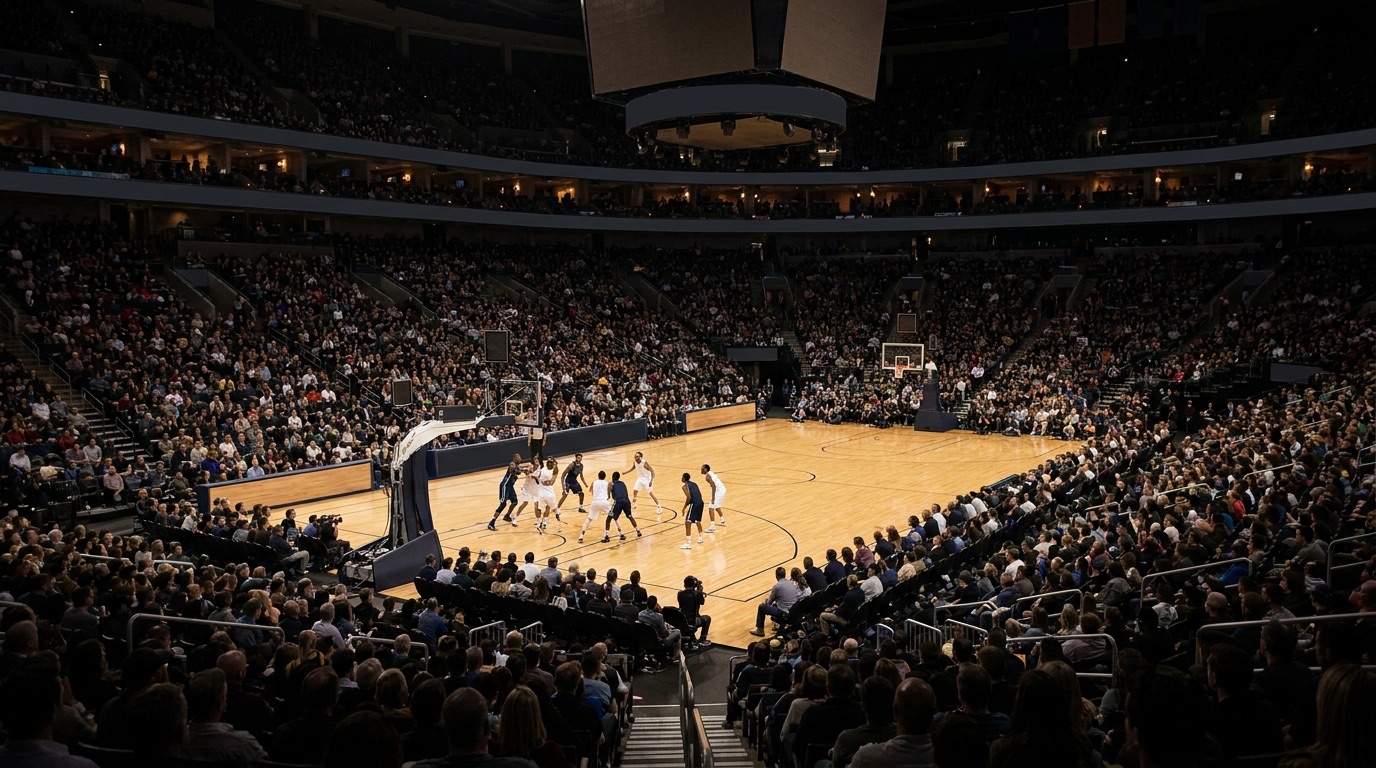 Arena de basquetbol llena durante un partido nocturno de la NBA