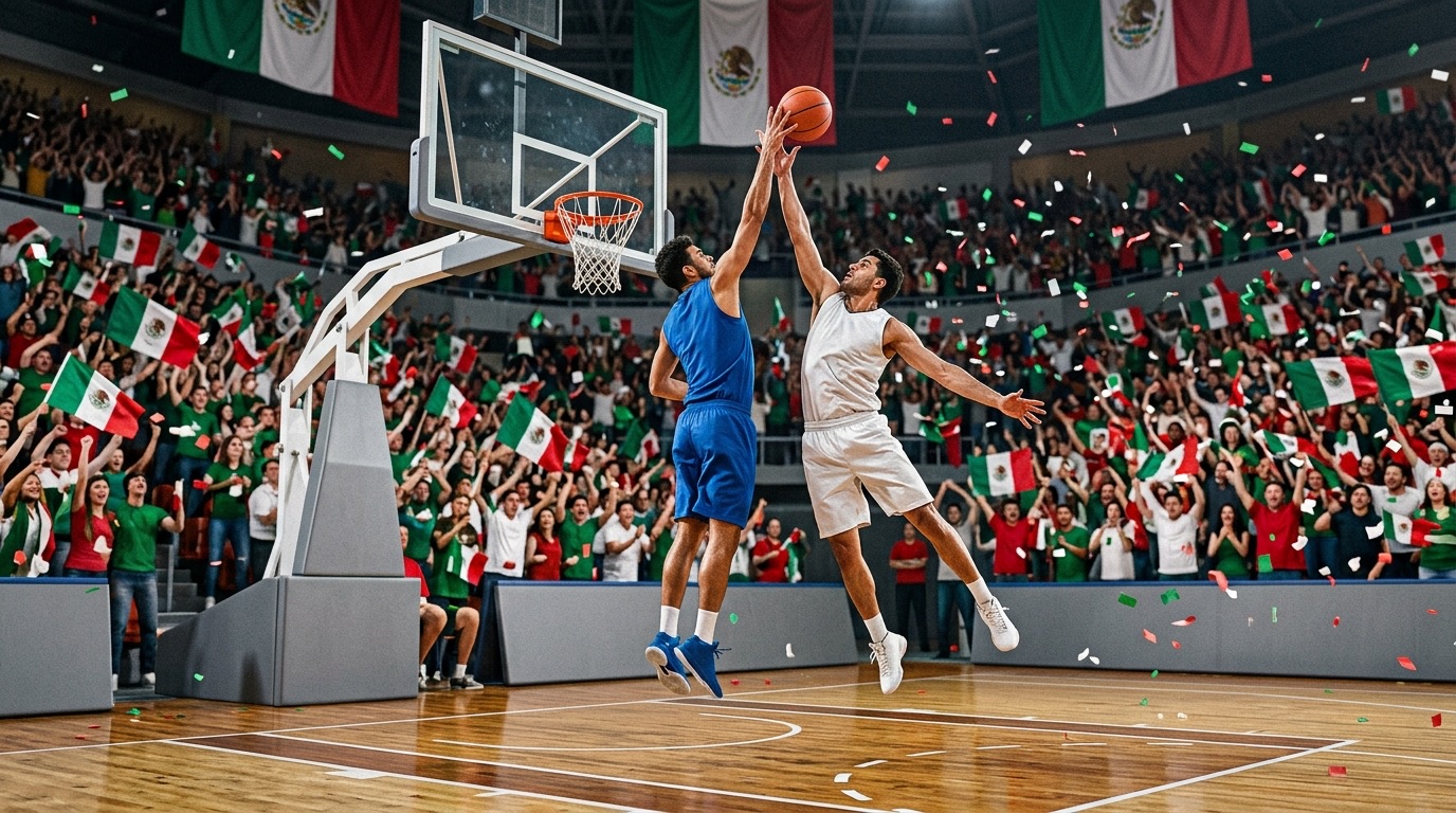 Partido de basquetbol en una arena mexicana con el público ondeando banderas de México