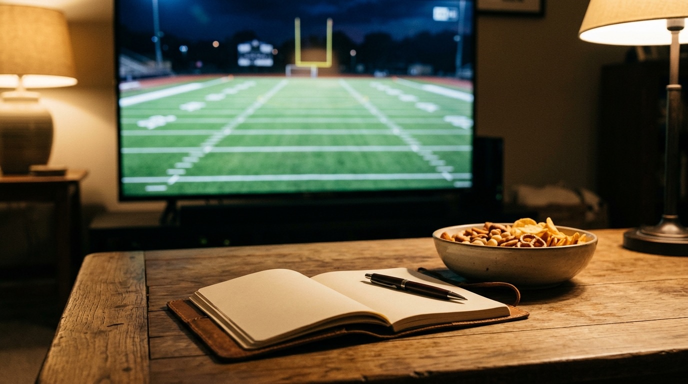Libreta y pluma sobre una mesa frente a un televisor con un partido de futbol americano