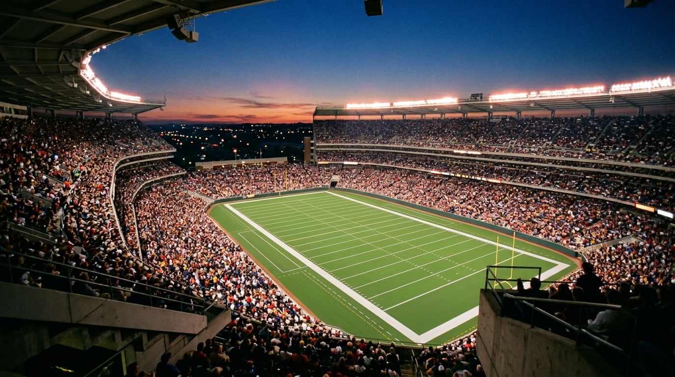 Estadio de futbol americano lleno al atardecer con los reflectores encendidos