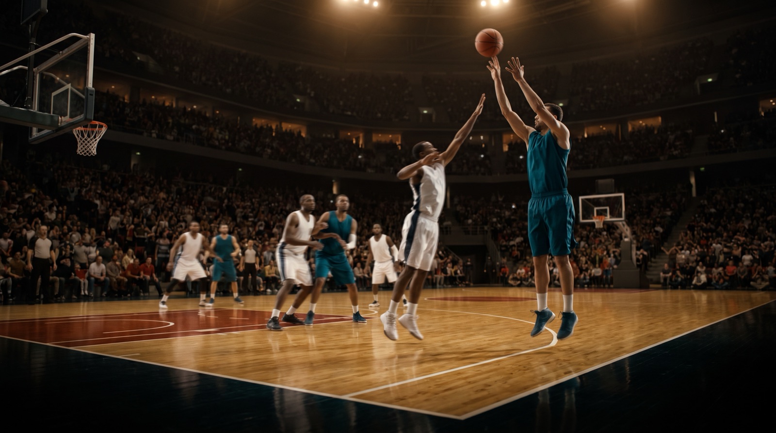 Jugador de basquetbol lanzando a canasta en una arena llena