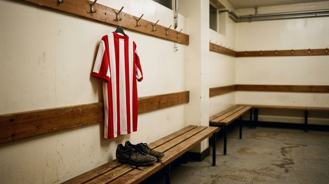 Jersey rojiblanco colgado solo en un vestidor de futbol vacio