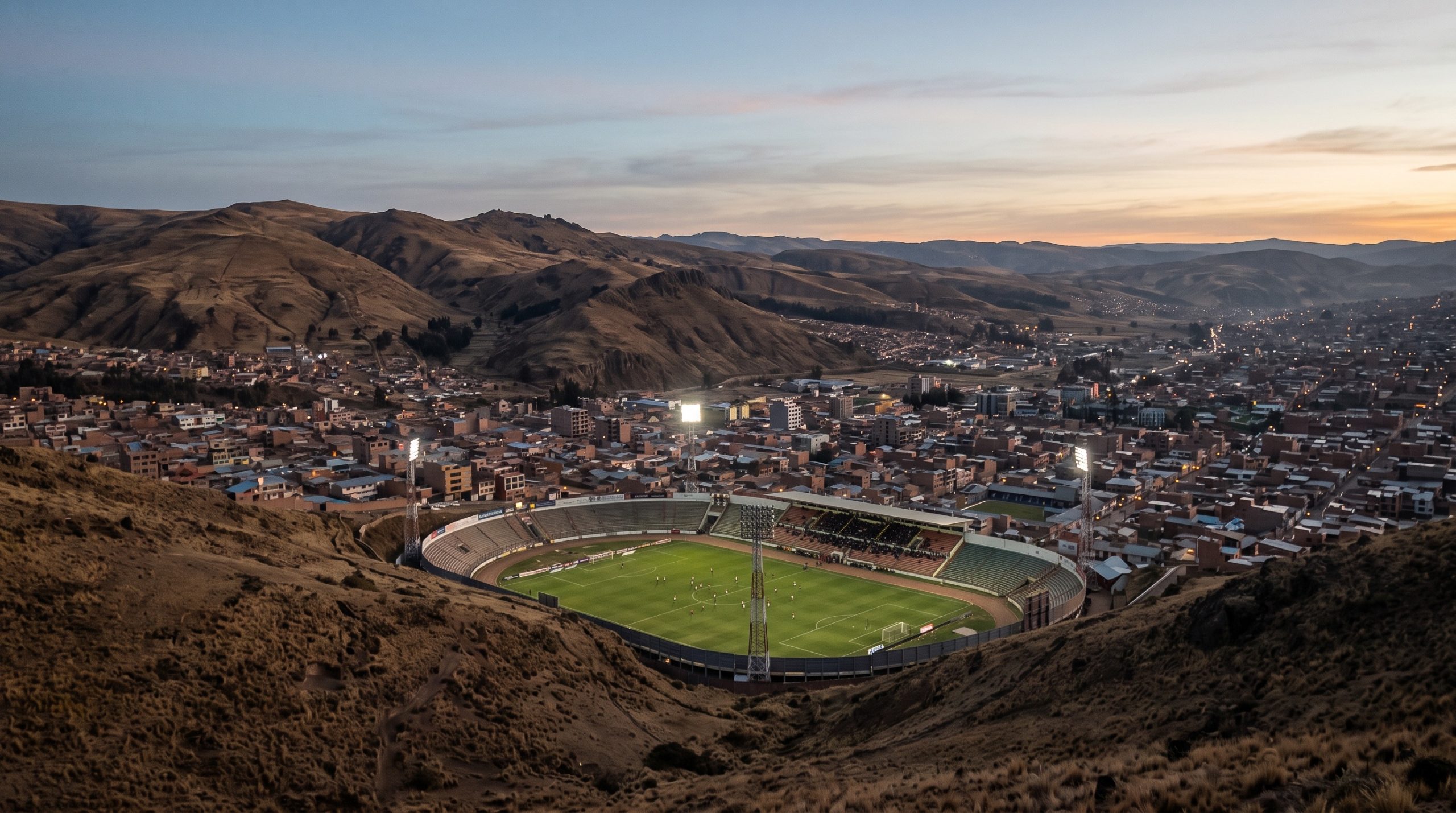 Estadio de futbol iluminado al atardecer rodeado de cerros en una ciudad de altura