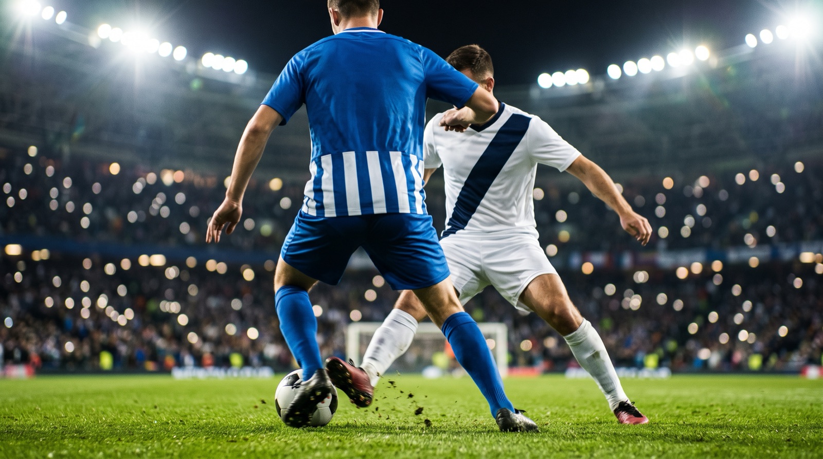 Duelo de mediocampo entre un jugador de azul y blanco y uno de blanco bajo las luces de un estadio