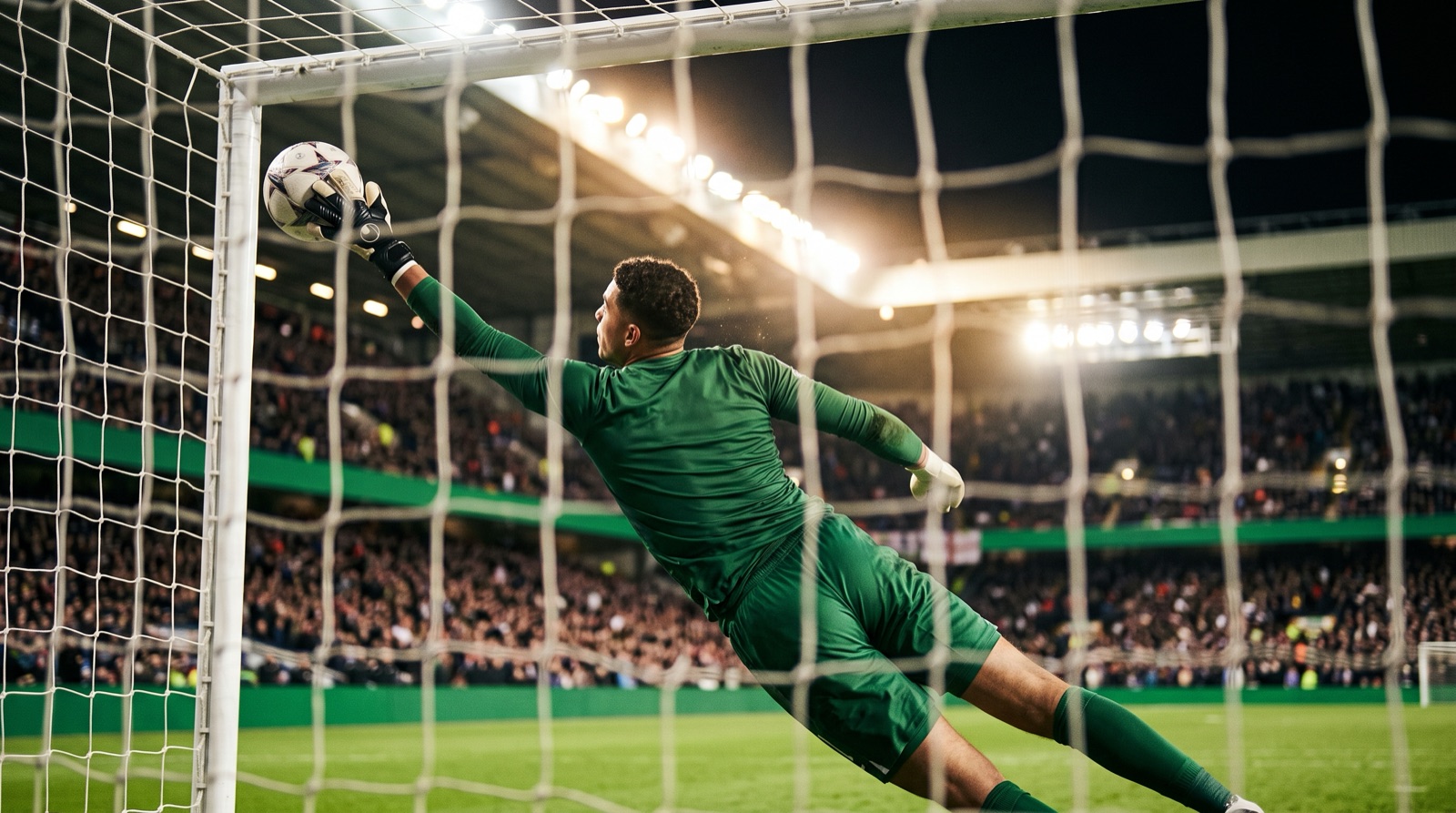 Portero volando para desviar un balón al ángulo en un estadio nocturno