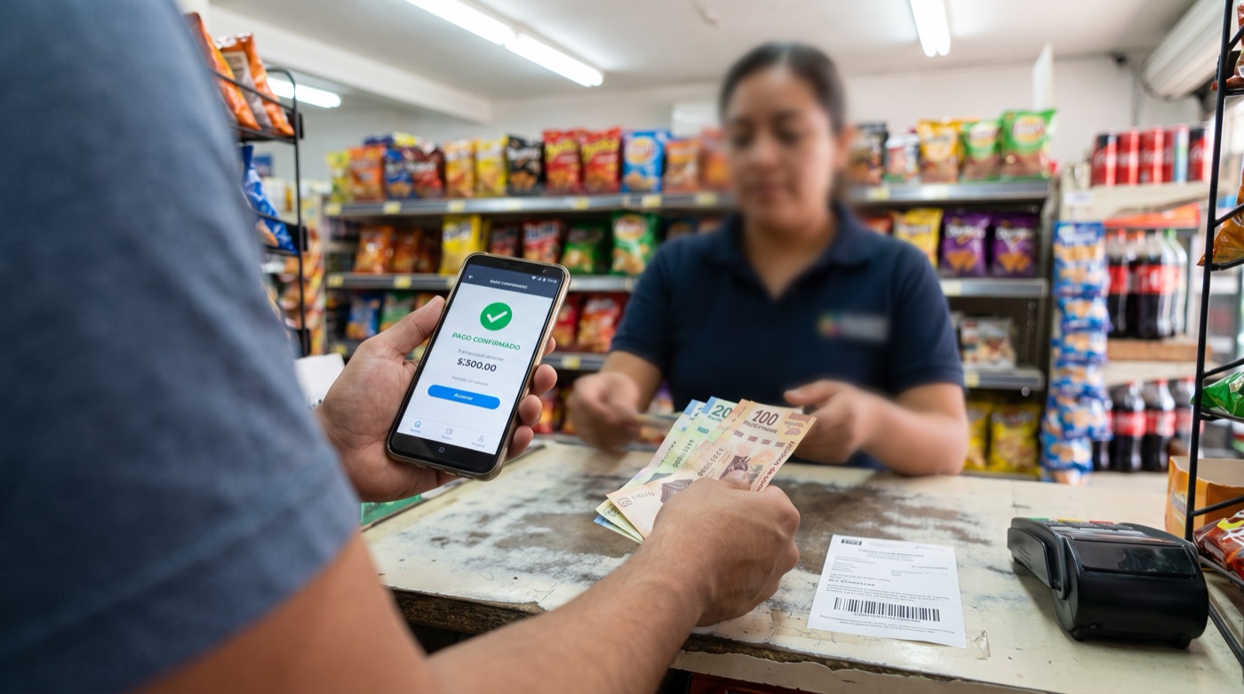 Cliente pagando en efectivo en el mostrador de una tienda de conveniencia mexicana con el comprobante de pago en el celular