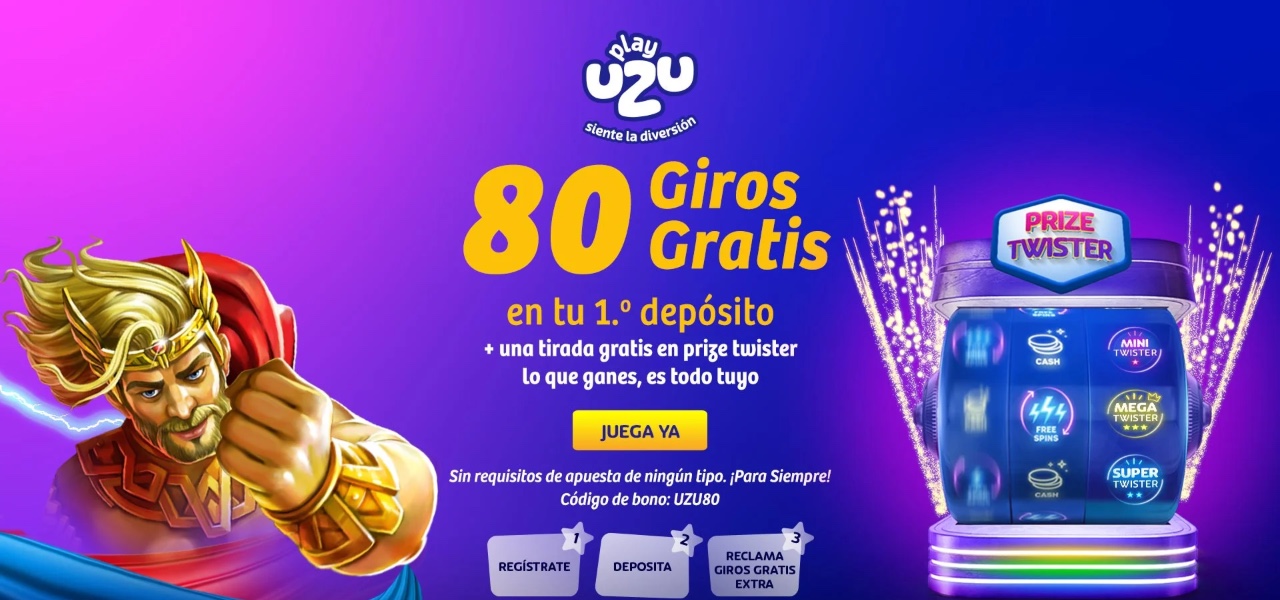 Pagina de bienvenida de PlayUZU: 80 giros gratis en el primer deposito, sin requisitos de apuesta, codigo de bono UZU80