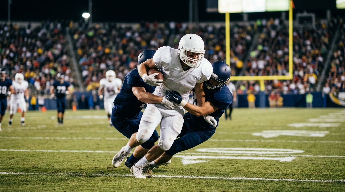 Jugador de futbol americano rompiendo una tacleada en un partido nocturno de la NFL