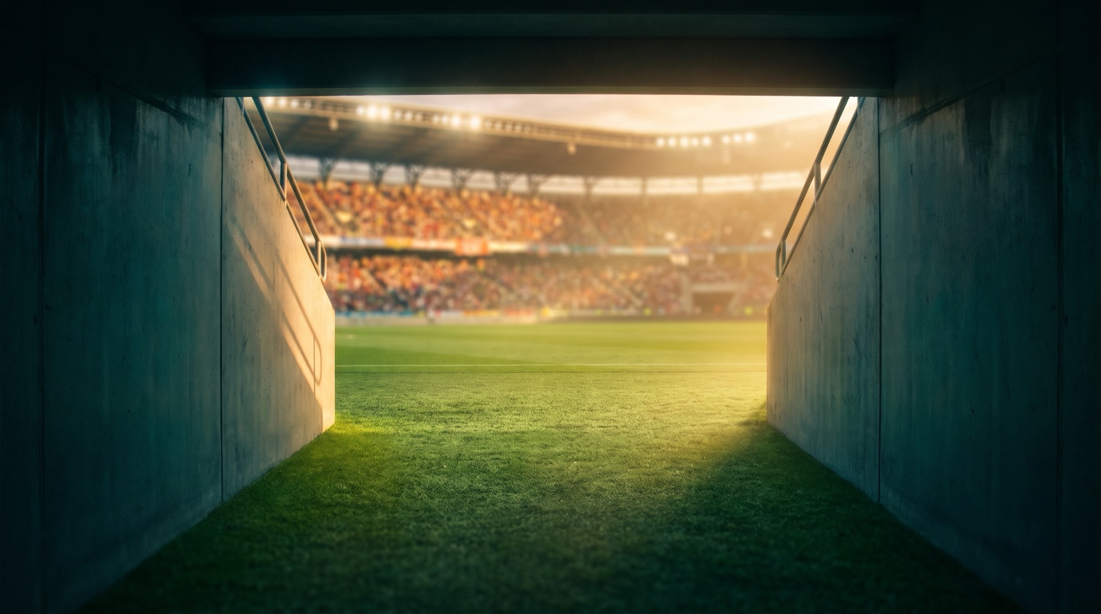 Túnel de vestidores con vista a una cancha de futbol iluminada al atardecer