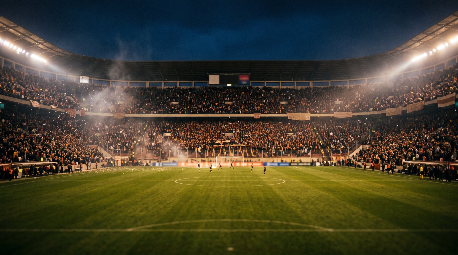 Estadio sudamericano lleno de noche con las gradas iluminadas por los reflectores durante un partido de eliminatoria