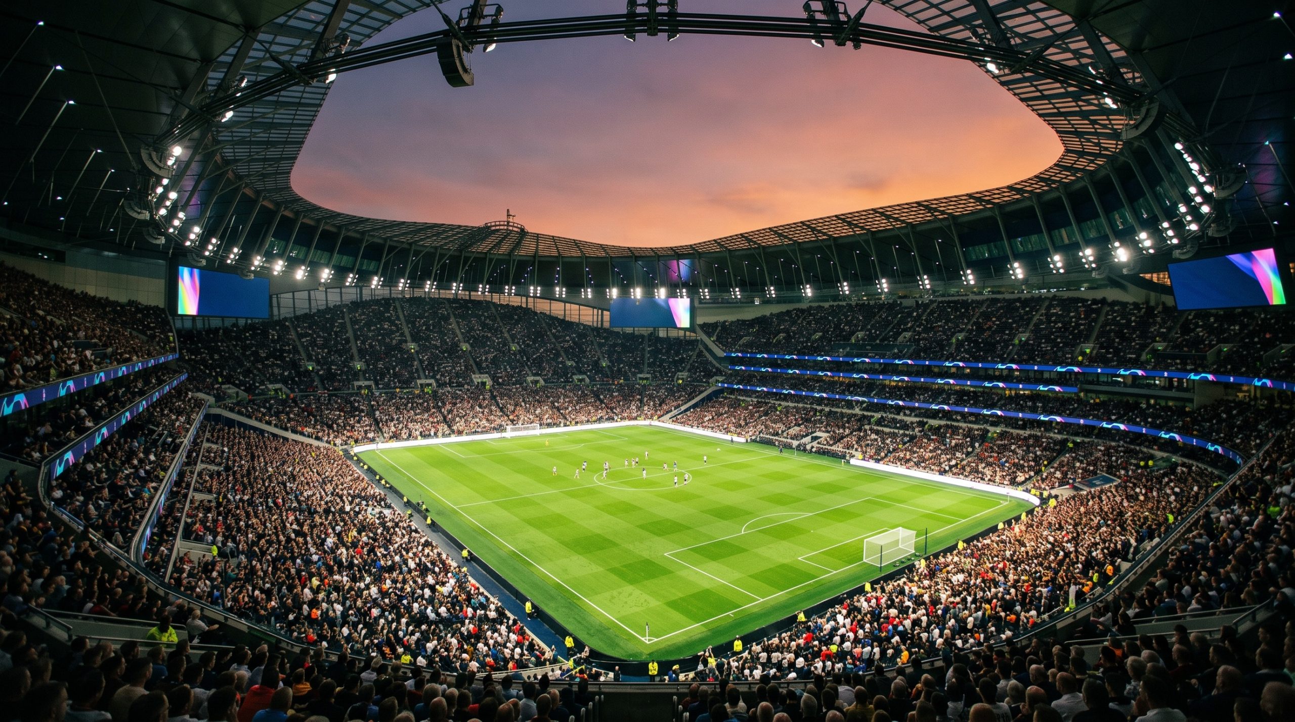 Estadio de futbol lleno al atardecer visto desde la parte alta de la tribuna