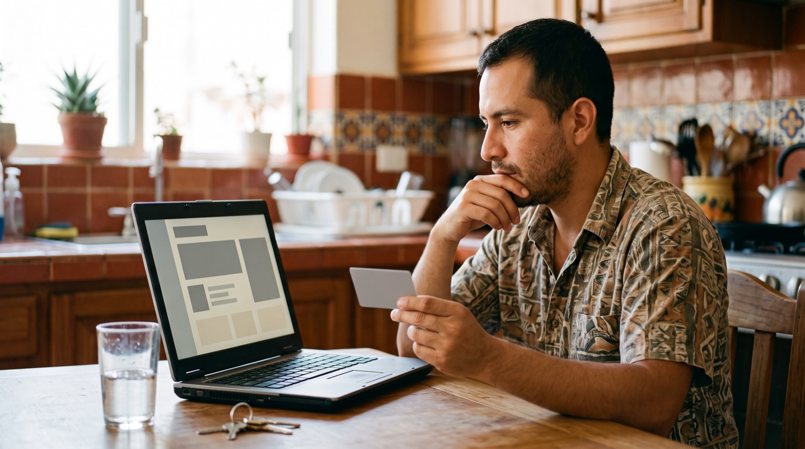 Apostador mexicano revisa en su laptop una casa de apuestas con la tarjeta en la mano