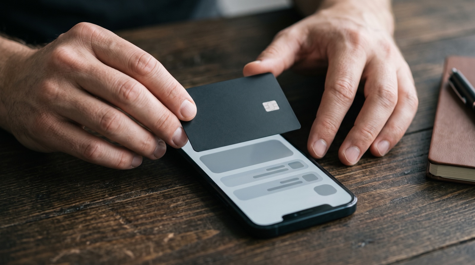 Manos sostienen una tarjeta bancaria sobre un celular con una pantalla de pago