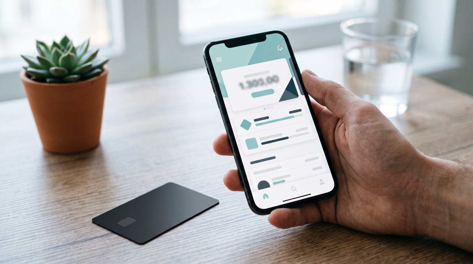 App de banca digital abierta en un celular junto a una tarjeta bancaria sobre un escritorio
