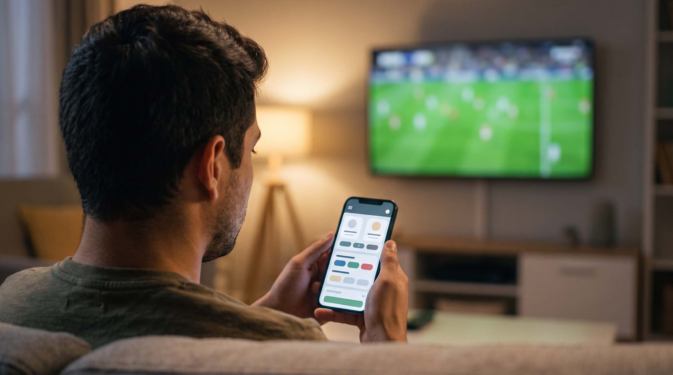 Aficionado mexicano arma su apuesta deportiva en el celular mientras ve el partido en la televisión