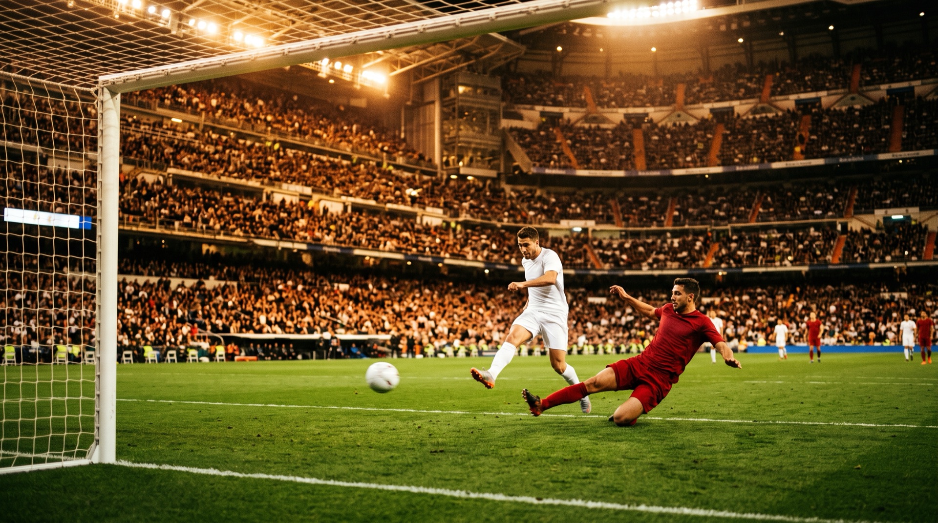 Remate a gol en un estadio español de noche durante un partido de LaLiga