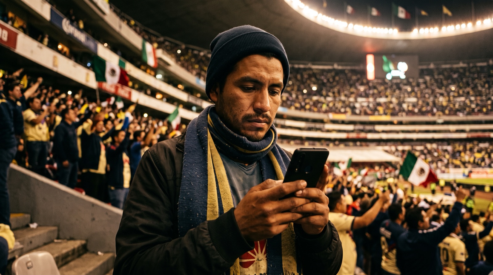 Aficionado consulta la tabla de posiciones de la Liga MX desde el celular en el estadio