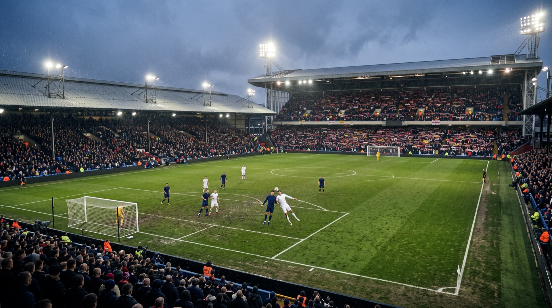 Dos futbolistas disputan un balón por alto en un estadio inglés lleno durante un partido nocturno de la Premier League