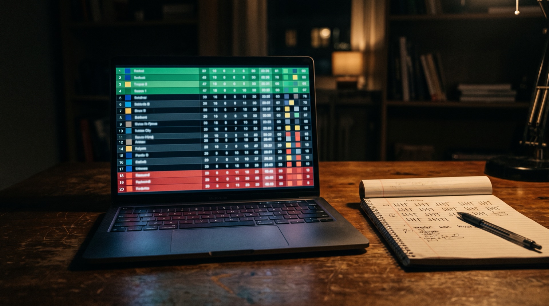 Pantalla de laptop con una tabla de clasificación de veinte equipos, con las primeras filas en verde y las últimas en rojo