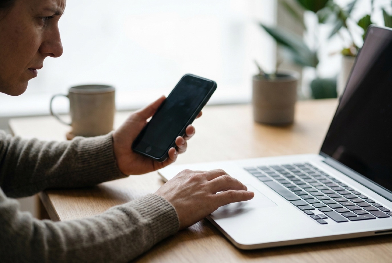 Persona revisando las condiciones de una promoción en su celular y laptop