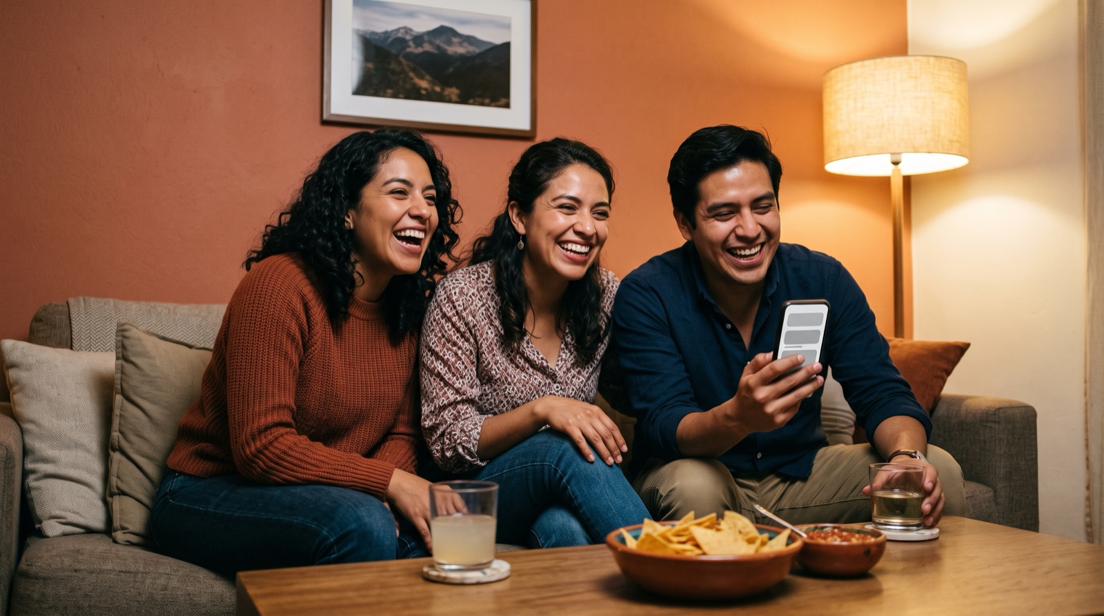 Tres amigos en una sala en México revisan una app de apuestas en el celular