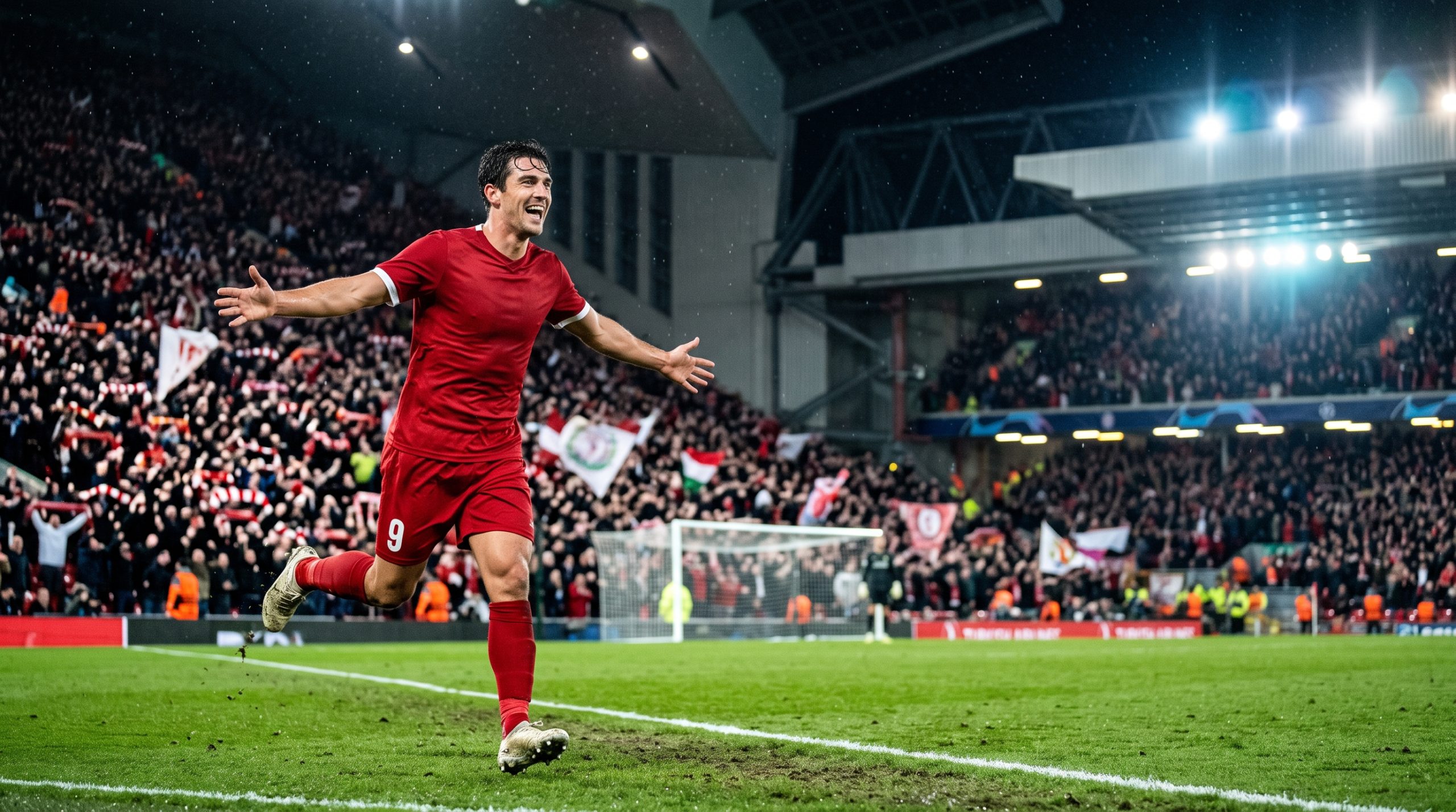Delantero festeja un gol en un estadio europeo durante una noche de Champions League